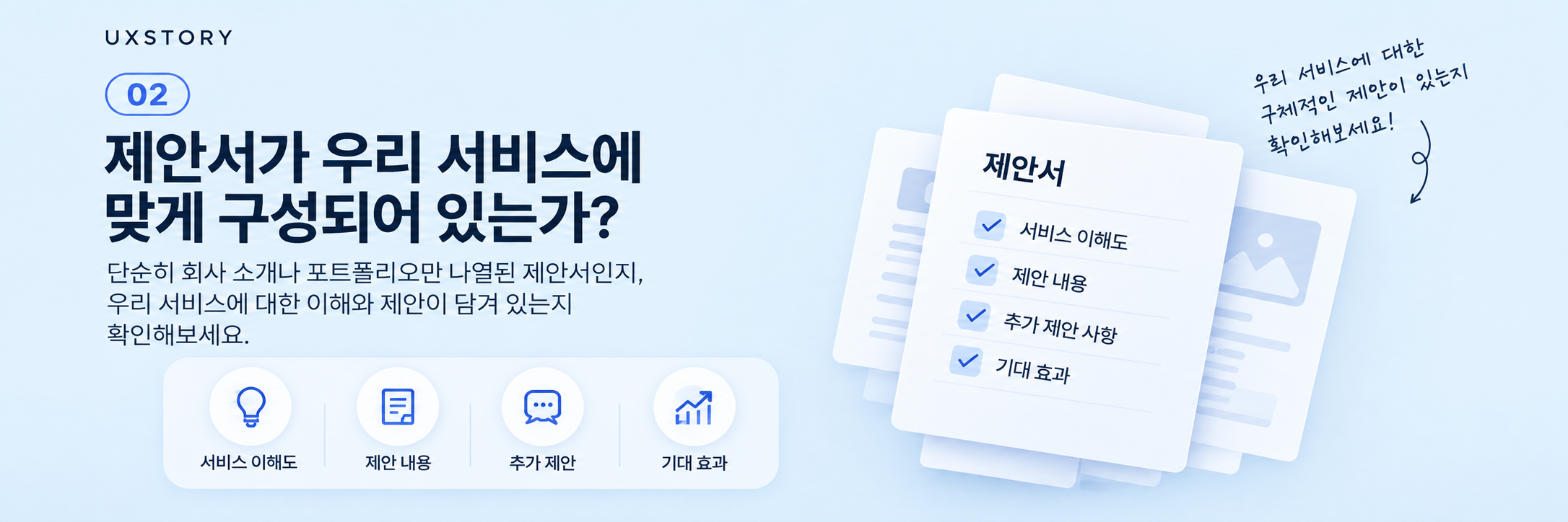 우리 서비스에 맞는 제안서: 서비스 이해도, 제안 내용, 추가 제안 사항, 기대 효과